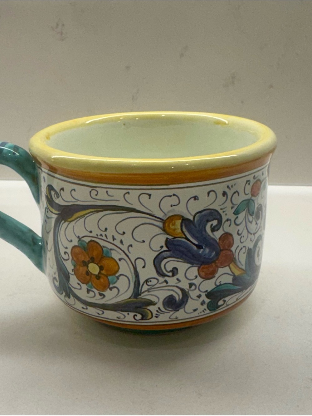 Hand-Painted  Deruta Ceramic Mug with Yellow Rim and Floral Motif